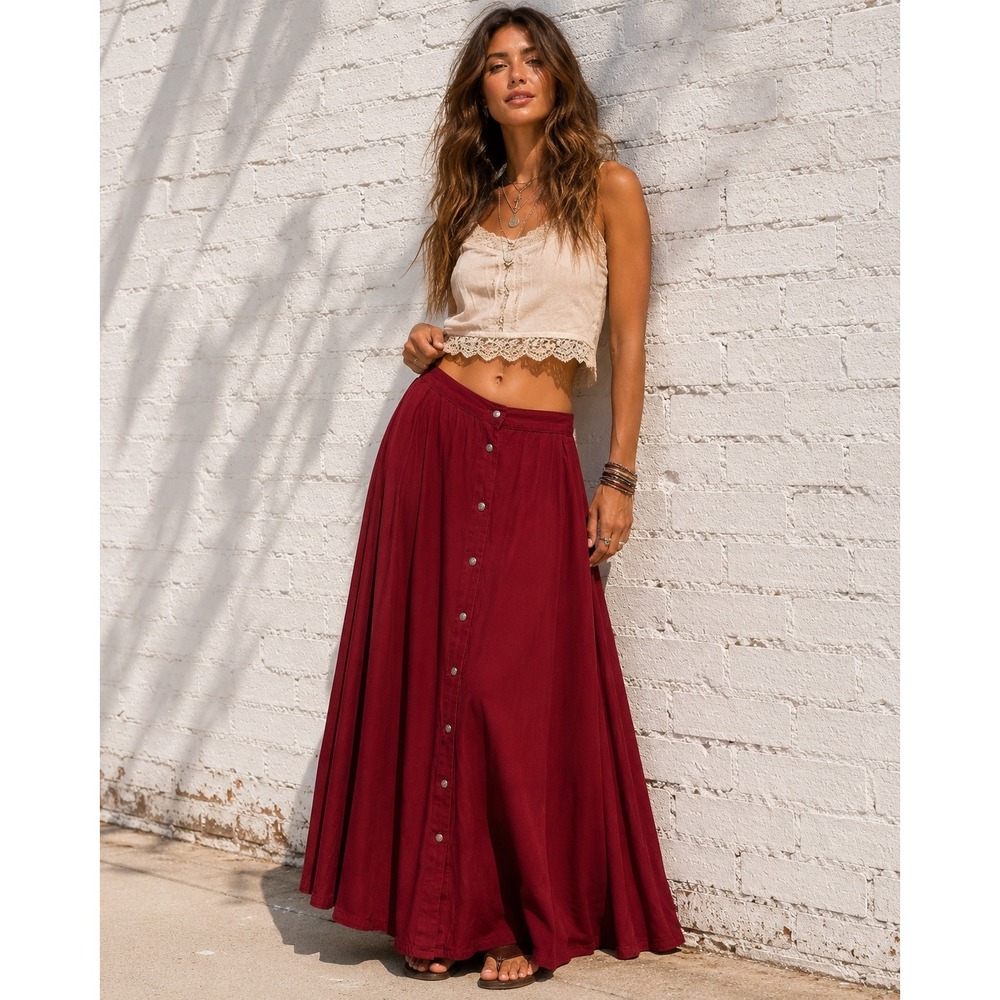 Vintage New Frontier Red Rayon Maxi Skirt Western Prairie Button Front XL